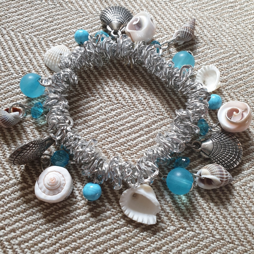 Silver, Shells, Beads, Stretch Bracelet